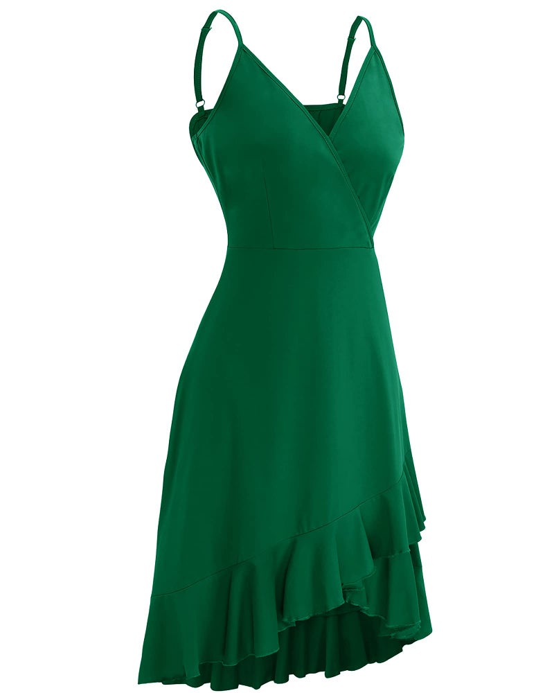 ULTRANICE Summer Green Dress Womens Spring 2025 Trendy Casual Wrap Flowy V Neck Adjustable Spaghetti Outfits Clothes Wedding Guest Semi Formal Graduation Party Midi Sun Dresses(Green,M) - Image 4